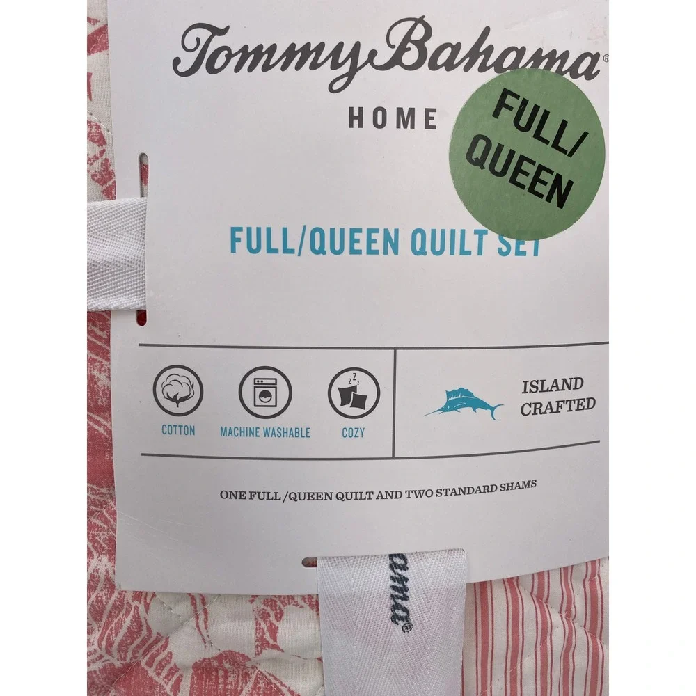 Tommy Bahama Quilt Set Full/Queen Coral White Tropical Floral Coastal Reversible